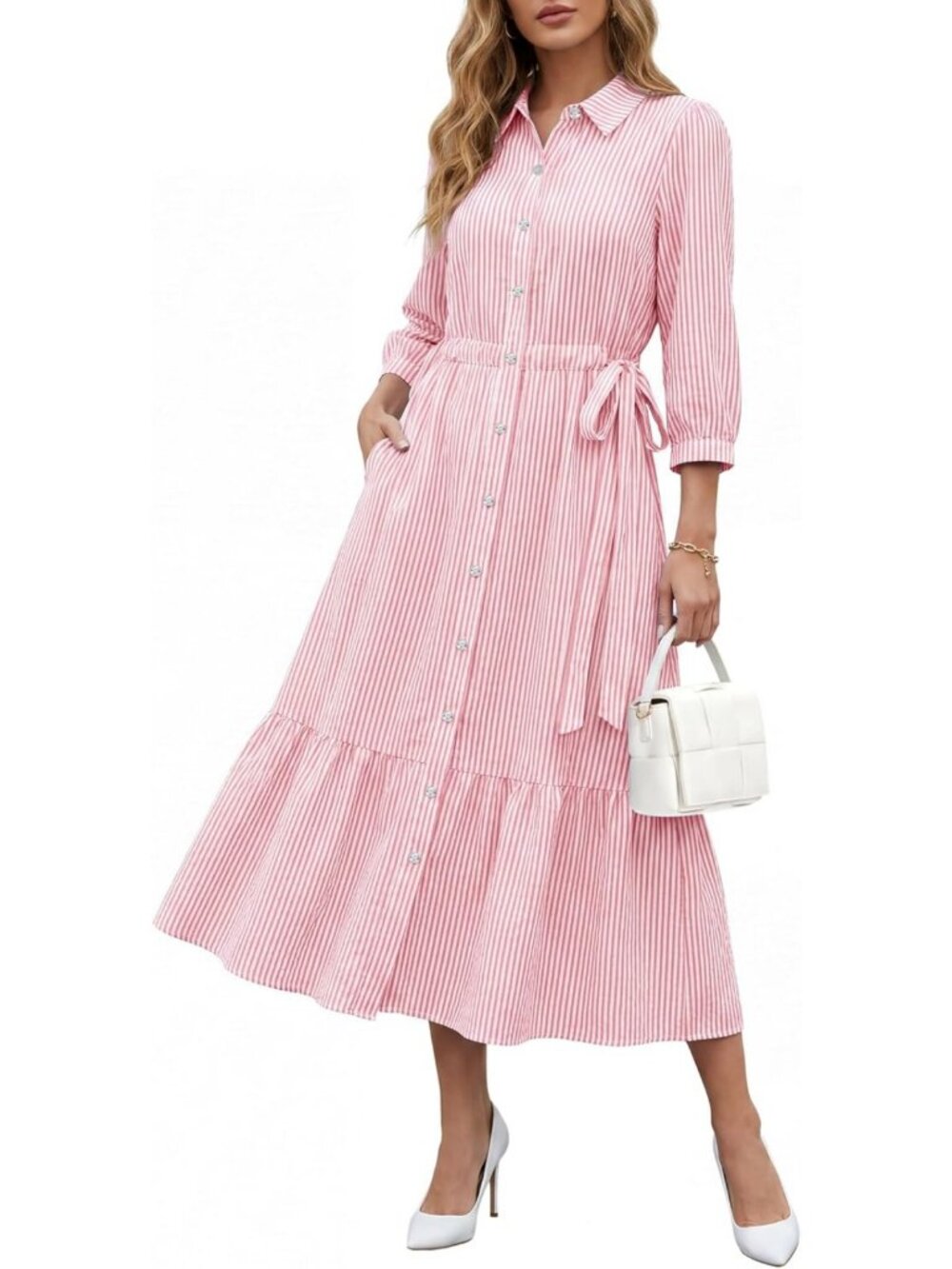 Chic 3/4 Sleeve Striped Maxi Dress with Button Detail - Perfect for Any Occasion